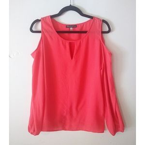 Sheer cold shoulder long sleeve coral top